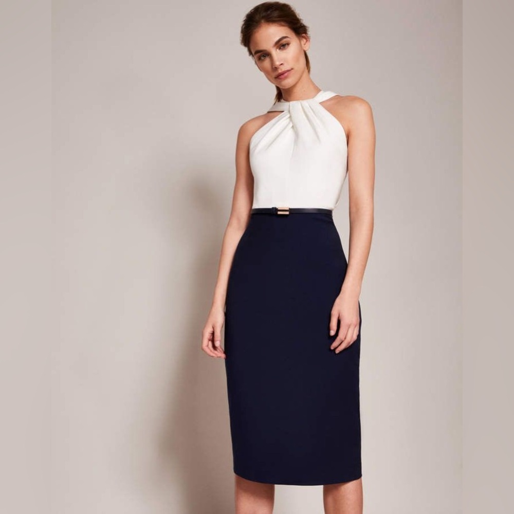 Ted Baker RAYALD Twist Neck Belted Pencil Dress White Navy Size 4